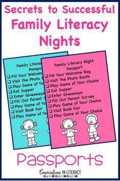 a pink and blue poster with the words, secrets to successful family library nights