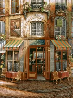 a painting of an outside restaurant with tables and chairs in front of the storefront