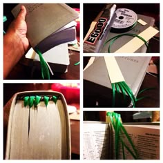 the book is open and has green string attached to it