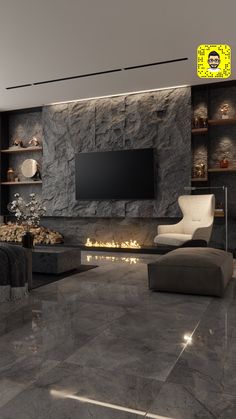 a modern living room with stone walls and flooring