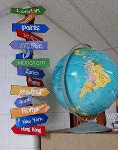 a blue globe sitting on top of a cardboard box next to a bunch of signs