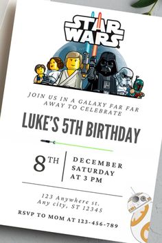 a star wars birthday party with legos on the front and back of the card