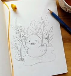 a drawing of a rubber ducky in the water with flowers and plants around it