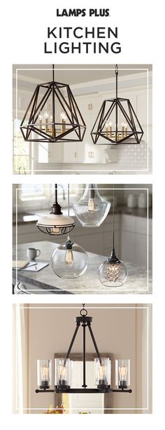 three different views of lamps hanging from the ceiling and on top of a countertop