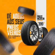 an ad for michel tires is shown in front of some black and white tires with orange background