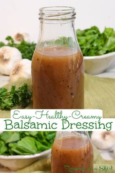 an image of a bottle of balsamic dressing on a table with spinach and mushrooms in the background