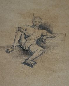 a drawing of a man sitting on the ground