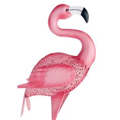 a pink flamingo standing on its hind legs in front of a white background,