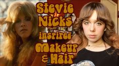 a woman with long hair standing in front of a sign that says steve nicks inspired makeup and hair