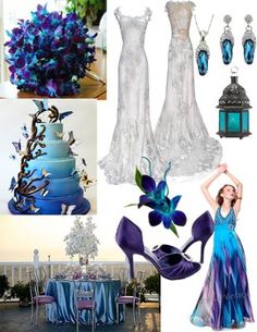 a collage of blue and purple items including shoes, dress, tablecloths