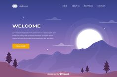 an image of a website homepage with mountains and trees in the background, under a full moon