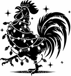 a black and white silhouette of a rooster with christmas lights on its head, standing in front of stars