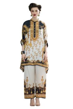 Black and gold silk tunic with all over regal prints. - Aza Fashions Elegant Summer Palazzo Set With Printed Motifs, Elegant Gold Long-sleeve Palazzo Set, Elegant Straight Kurta Sets With Digital Print, Elegant Silk Palazzo Set With Digital Print, Elegant Digital Print Kurta For Festive Occasions, Elegant Festive Kurta With Digital Print, Elegant Silk Palazzo Set With Floral Print, Elegant Silk Kurta With Digital Print, Elegant Printed Straight Kurta Set