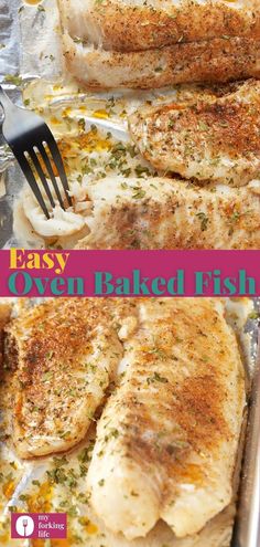 an image of baked fish in foil with text overlay that reads easy oven baked fish