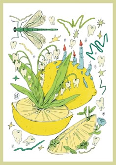 an illustration of lemons and dragonflies on a white background with green leaves, candles, and flowers