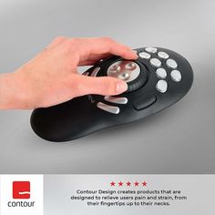 a hand is pressing buttons on a black remote control with the text contour design creates products that are designed to new users and small, from 3 - to