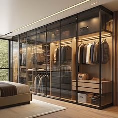 a bedroom with a bed and closets in the corner, all glass doors open