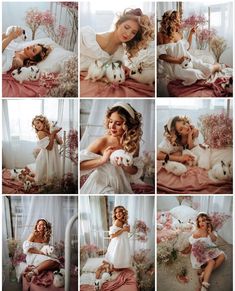 the woman is posing with her dog and flowers in her hair while she sits on a bed