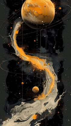 an image of some sort of artwork with orange and white paint on the bottom half of it