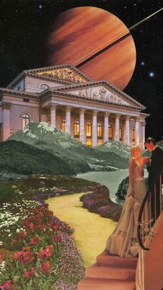 a painting of two people standing on the steps in front of a building with saturn behind them