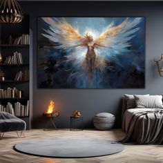 an angel painting on the wall above a bed