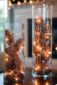 two glass vases filled with pine cones on top of a table