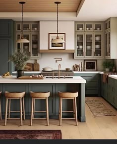 an image of a kitchen setting with stools in the middle and island countertop