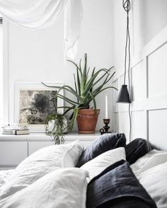 a bed with white sheets and black pillows next to a potted plant on top of it