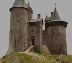 an old castle sitting on top of a hill next to a stone wall and stairs