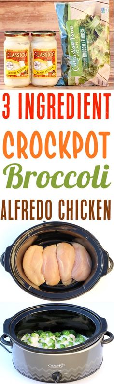 this is an image of slow carb crockpot broccoli alfredo chicken