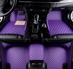 the interior of a car with purple carpet