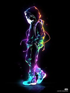 a person riding a skateboard with neon lights on the side and back, in front of a black background