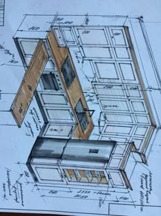 a blueprint drawing of a kitchen with cabinets and cupboards on it's side