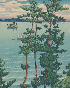 an image of a painting with trees in the foreground and a boat on the water