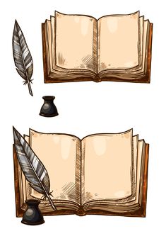 an open book with a quill, ink pen and feather on the pages illustration