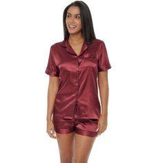 This women's satin pajama set from Alexander Del Rossa would be a great addition to any wardrobe. The short sleeved pajama top features a button down front, two front pockets and a collar with contrasting trim. The bottoms feature an elastic waist for a comfortable fit. If you're not completely satisfied with this pajama set returns are accepted. Satin Pajamas Set, Buy Clothes Online, Satin Pajama, Soft Pajamas, Contrasting Trim, Satin Pyjama Set, Soft Classic, Satin Pajamas, Pajamas Set