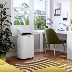 a room with a yellow chair and a white air purifier in the corner