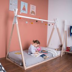 Wooden Teepee, Teepee Bed, Kids Bed Frames, Floor Bed, Wooden Bed Frames, House Beds, Toddler Bedrooms, Childrens Beds, Big Boy Room