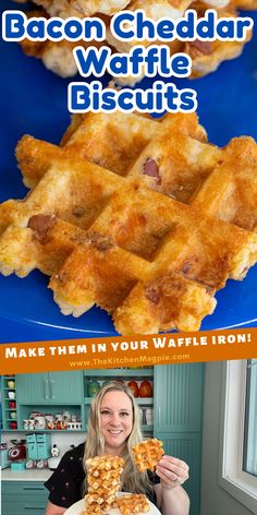 bacon cheddar waffle biscuits on a blue plate with the words make them in our