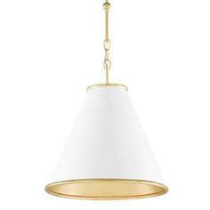 a light fixture with a white shade hanging from it's side and a gold chain