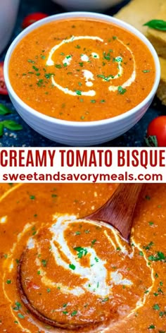 creamy tomato bisquete soup in a white bowl with a wooden spoon next to it