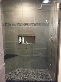 a walk in shower sitting inside of a bathroom