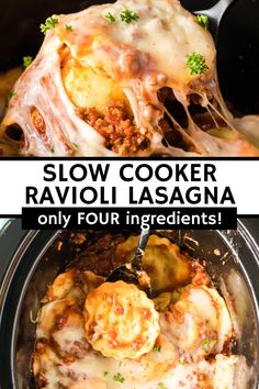 slow cooker ravioli lasagna in the crock pot with text overlay reading slow cooker ravioli lasagna only four ingredients