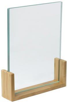 a wooden stand with a glass and mirror on it's sides, against a white background