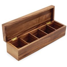 an open wooden box with three compartments