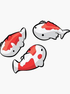 three red and white fish floating on top of each other