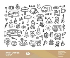 the happy camper stamp set is shown in black and white, with an image of camping