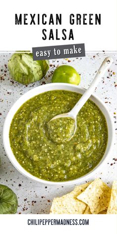 mexican green salsa in a white bowl with tortilla chips