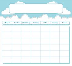 a blue and white calendar with clouds on it