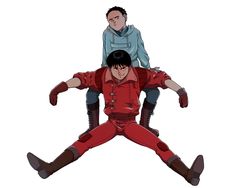 two men in red jumpsuits with one man sitting on his back and the other standing